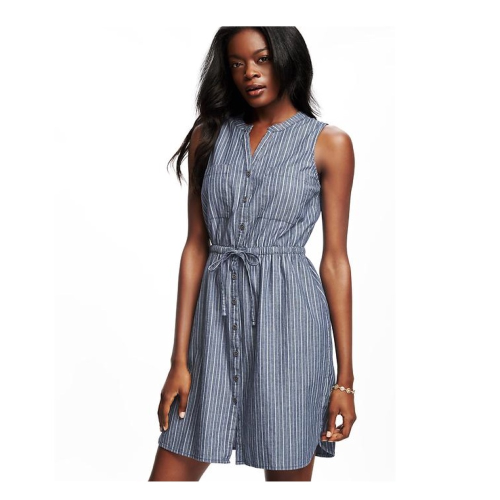 Old Navy Denim Chambray Striped Tie-Waist Shirt Dress